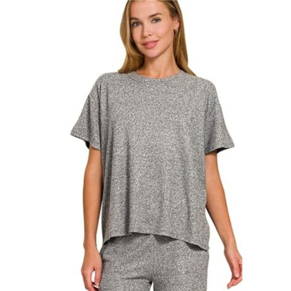 Zenana Soft Melange Short Sleeve Tee & Long Pants Set - Picture 2 of 3